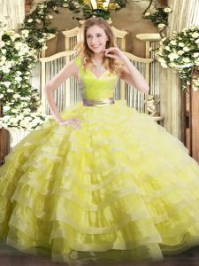 Gorgeous Sleeveless Floor Length Ruffled Layers Zipper Sweet 16 Dress with Yellow Green