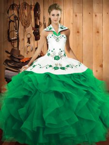 Top Selling Turquoise Quinceanera Gown Military Ball and Sweet 16 and Quinceanera with Embroidery and Ruffles Halter Top Sleeveless Lace Up