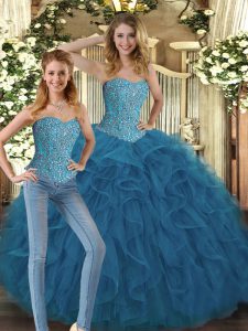  Sleeveless Tulle Floor Length Lace Up Sweet 16 Dress in Teal with Beading and Ruffles