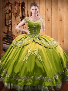 Fabulous Olive Green Ball Gowns Off The Shoulder Sleeveless Satin and Organza Floor Length Lace Up Beading and Embroidery Quinceanera Gowns