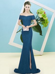Romantic Zipper Prom Evening Gown Blue for Prom and Party with Sequins Sweep Train