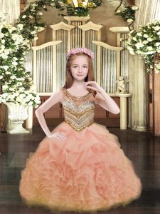  Beading and Ruffles and Pick Ups Pageant Gowns For Girls Orange Lace Up Sleeveless Floor Length