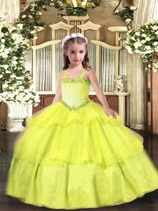 Great Yellow Ball Gowns Organza Straps Sleeveless Appliques and Ruffled Layers Floor Length Lace Up Party Dresses