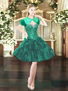 Fine Mini Length Lace Up Dress for Prom Dark Green for Prom and Party with Beading and Ruffles