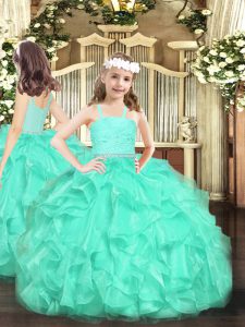 Low Price Sleeveless Floor Length Beading and Lace and Ruffles Zipper Custom Made with Turquoise