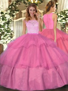  Hot Pink Scoop Neckline Lace and Ruffled Layers 15th Birthday Dress Sleeveless Clasp Handle