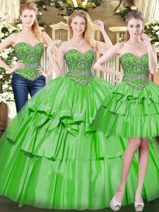 Sophisticated Floor Length Green Quinceanera Gown Organza Sleeveless Beading and Ruffled Layers