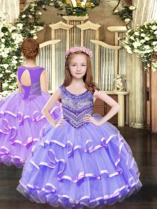 Sweet Lavender Sleeveless Organza Lace Up Child Pageant Dress for Party and Quinceanera