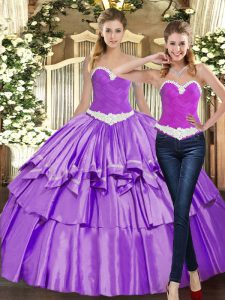  Eggplant Purple Organza Lace Up Sweetheart Sleeveless Floor Length Ball Gown Prom Dress Appliques and Ruffles