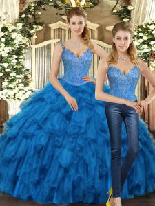 Discount Teal Straps Lace Up Beading and Ruffles Ball Gown Prom Dress Sleeveless