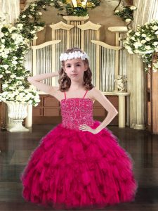 Trendy Fuchsia Sleeveless Beading and Ruffles Floor Length Little Girls Pageant Dress