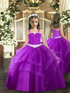 Custom Made Purple Kids Pageant Dress Party and Quinceanera with Appliques and Ruffled Layers Straps Sleeveless Lace Up
