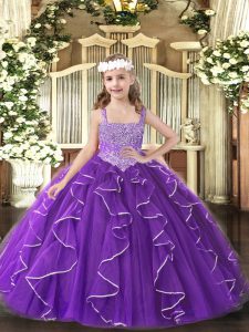  Tulle Straps Sleeveless Lace Up Beading and Ruffles Custom Made in Purple