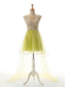 Super Scoop Sleeveless Backless Evening Dress Yellow Green Tulle