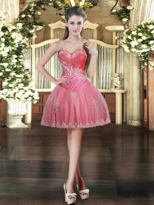 Sumptuous Coral Red Tulle Lace Up Sweetheart Sleeveless Mini Length Prom Dress Beading and Appliques