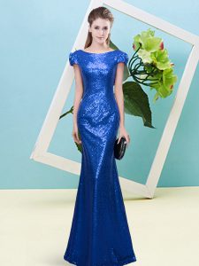 Beautiful Floor Length Zipper Prom Dress Royal Blue for Prom and Party with Sequins