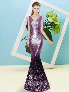  Sleeveless Floor Length Sequins Zipper Prom Gown with Purple