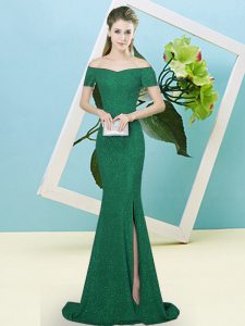 Noble Dark Green Zipper Off The Shoulder Sequins Dress for Prom Sequined Short Sleeves Sweep Train