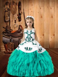 Super Aqua Blue Ball Gowns Embroidery and Ruffles Child Pageant Dress Lace Up Organza Sleeveless Floor Length