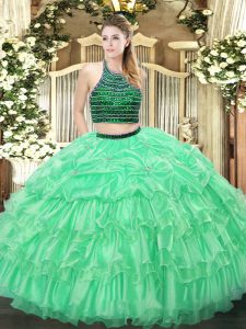 Extravagant Floor Length Apple Green 15th Birthday Dress Organza Sleeveless Beading and Ruffled Layers