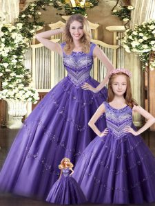 Custom Designed Eggplant Purple Scoop Lace Up Beading Sweet 16 Dresses Sleeveless