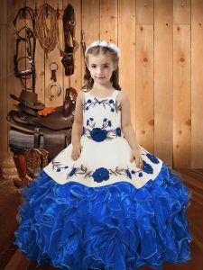Unique Blue Organza Lace Up Kids Formal Wear Sleeveless Floor Length Embroidery and Ruffles