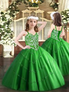 Lovely Floor Length Green Kids Pageant Dress Tulle Sleeveless Beading and Appliques