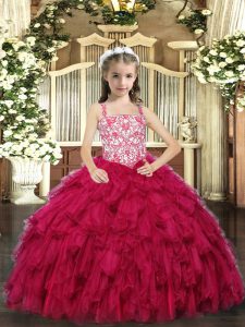 Most Popular Sleeveless Floor Length Beading and Ruffled Layers Lace Up Little Girls Pageant Dress Wholesale with Red