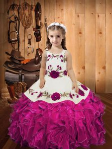  Straps Sleeveless Lace Up Little Girl Pageant Gowns Fuchsia Organza