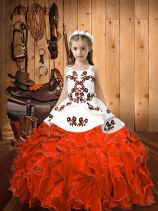  Orange Red Girls Pageant Dresses Sweet 16 and Quinceanera with Embroidery and Ruffles Straps Sleeveless Lace Up