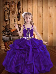 Fantastic Purple Lace Up Pageant Gowns For Girls Embroidery and Ruffles Sleeveless Floor Length