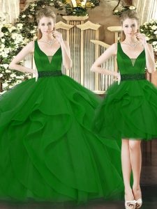 Beautiful Green Tulle Lace Up Straps Sleeveless Floor Length Sweet 16 Quinceanera Dress Beading and Ruffles
