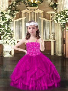 Best Ball Gowns Little Girl Pageant Dress Fuchsia Spaghetti Straps Tulle Sleeveless Floor Length Lace Up