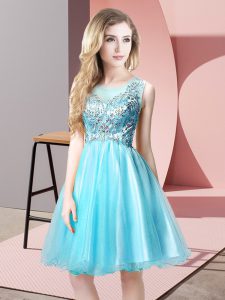  Knee Length Aqua Blue Prom Dress Scoop Sleeveless Zipper