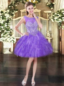 Sumptuous Lavender Tulle Lace Up Prom Gown Sleeveless Mini Length Beading and Ruffles