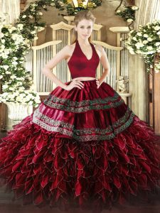 Adorable Sleeveless Organza Floor Length Zipper Quince Ball Gowns in Wine Red with Appliques and Ruffles