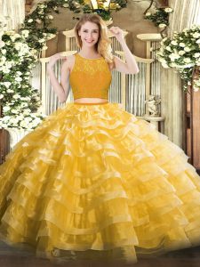  Sleeveless Organza Floor Length Zipper Quinceanera Gowns in Gold with Lace and Ruffled Layers