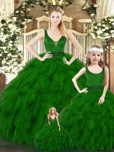  Green Organza Zipper V-neck Sleeveless Floor Length Quinceanera Dress Ruffles