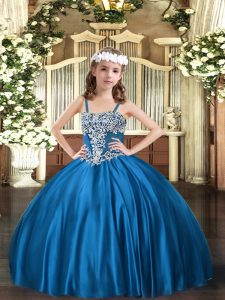  Blue Satin Lace Up Little Girls Pageant Dress Sleeveless Floor Length Appliques