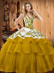 Glorious Organza Sweetheart Sleeveless Sweep Train Lace Up Embroidery Quinceanera Dresses in Gold