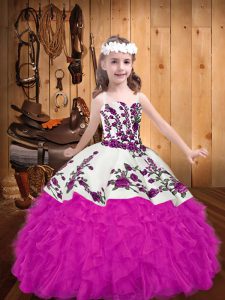 Latest Sleeveless Floor Length Embroidery and Ruffles Lace Up Pageant Gowns For Girls with Fuchsia