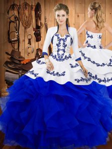  Sleeveless Satin and Organza Floor Length Lace Up Quinceanera Dress in Blue with Embroidery and Ruffles