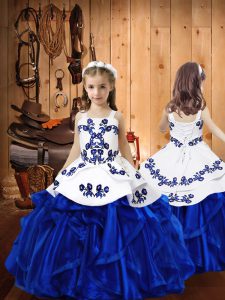  Floor Length Lace Up Kids Formal Wear Royal Blue for Sweet 16 and Quinceanera with Embroidery and Ruffles
