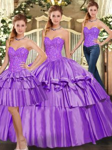  Eggplant Purple Sweetheart Neckline Beading and Ruffled Layers Sweet 16 Dresses Sleeveless Lace Up