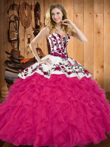  Hot Pink Sweetheart Neckline Embroidery and Ruffles Sweet 16 Dress Sleeveless Lace Up