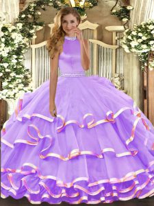 Exceptional Lavender Sleeveless Beading and Ruffled Layers Floor Length 15 Quinceanera Dress