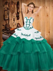  Turquoise Strapless Neckline Embroidery and Ruffled Layers Ball Gown Prom Dress Sleeveless Lace Up