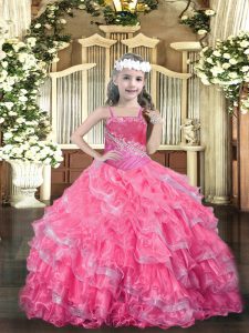  Hot Pink Sleeveless Organza Lace Up Teens Party Dress for Party and Quinceanera