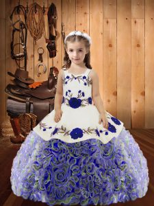  Multi-color Ball Gowns Embroidery and Ruffles Little Girl Pageant Dress Lace Up Fabric With Rolling Flowers Sleeveless Floor Length