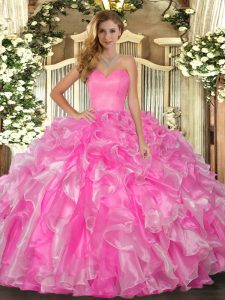 Customized Rose Pink Sweetheart Lace Up Beading and Ruffles Ball Gown Prom Dress Sleeveless